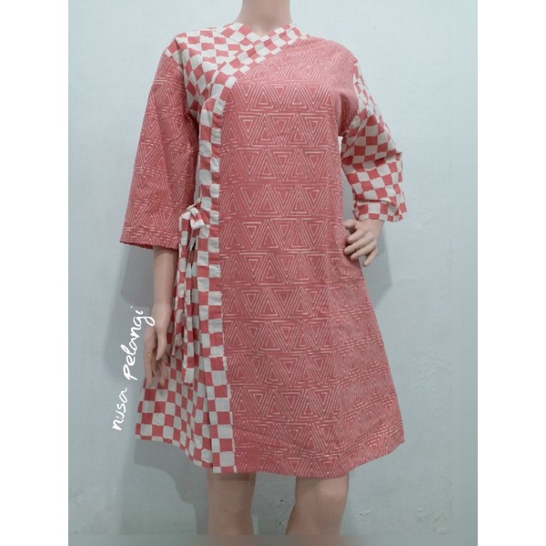 Atasan baju tunik dress batik cap garutan warna dusty pink murah