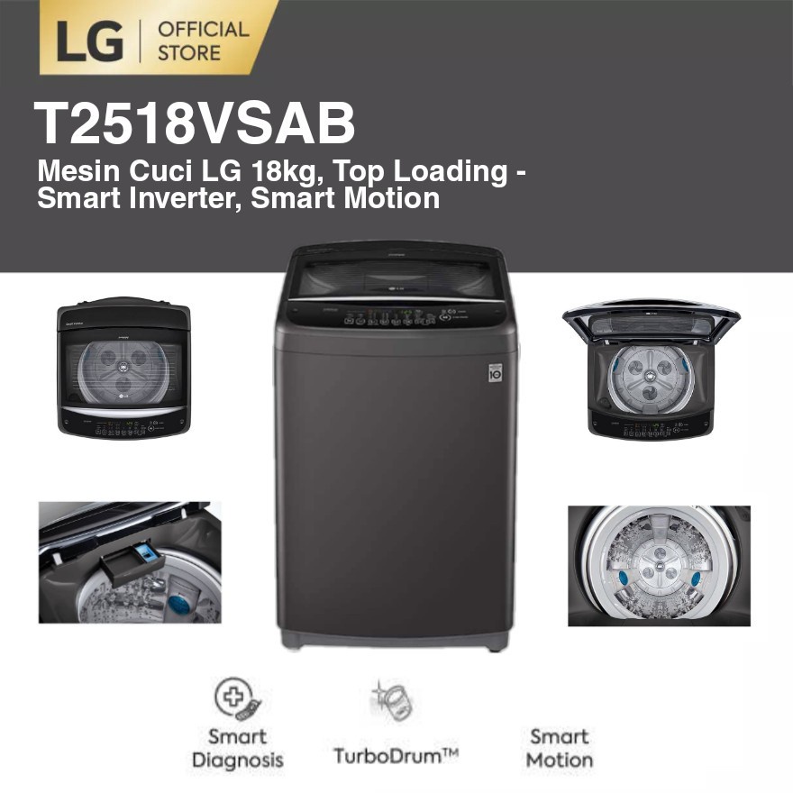 MESIN CUCI LG T2518VSAB TOP LOADING 18 KG SMART INVERTER SMART MOTION