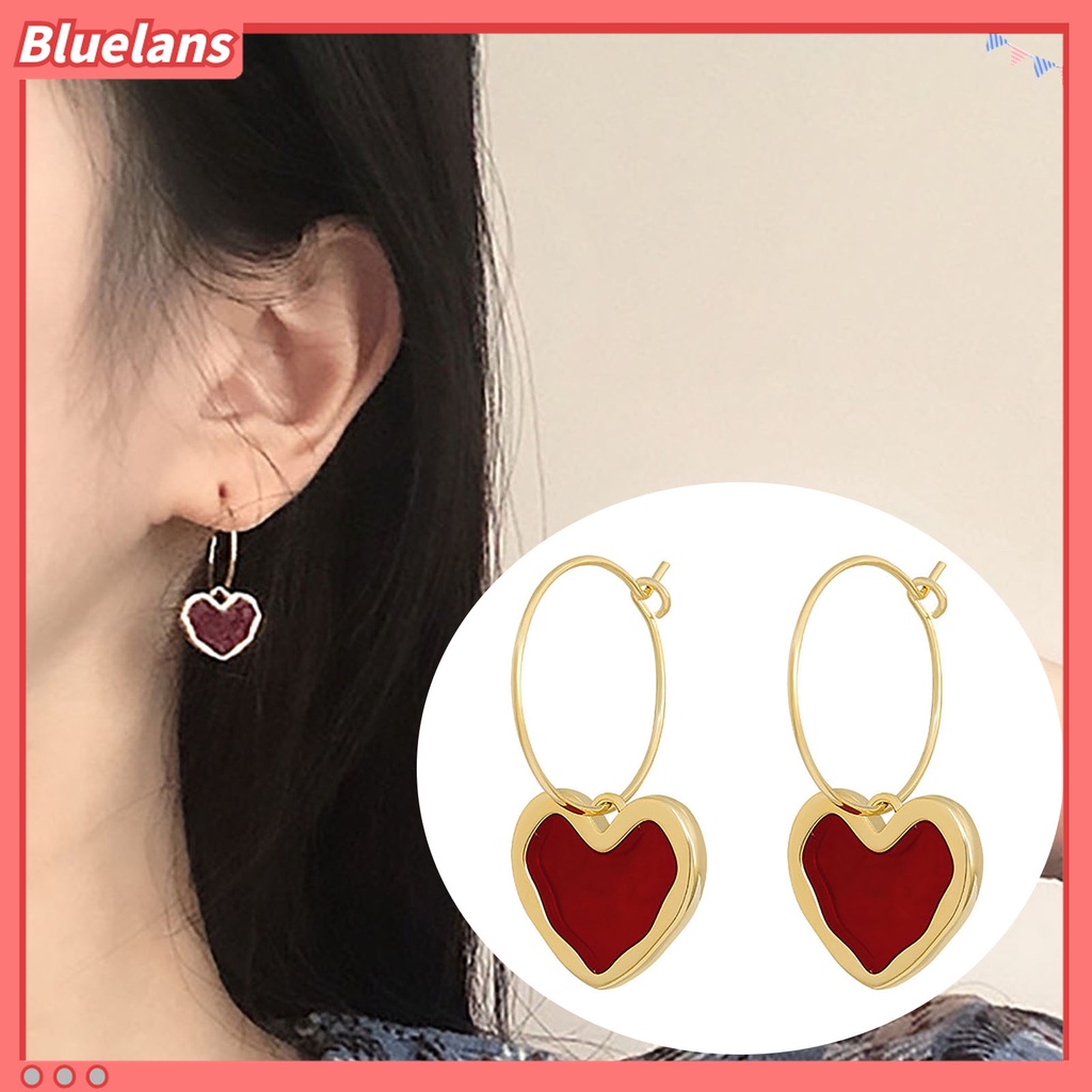 Anting Stud Bentuk Hati Warna Merah Wine Gaya Korea Untuk Wanita