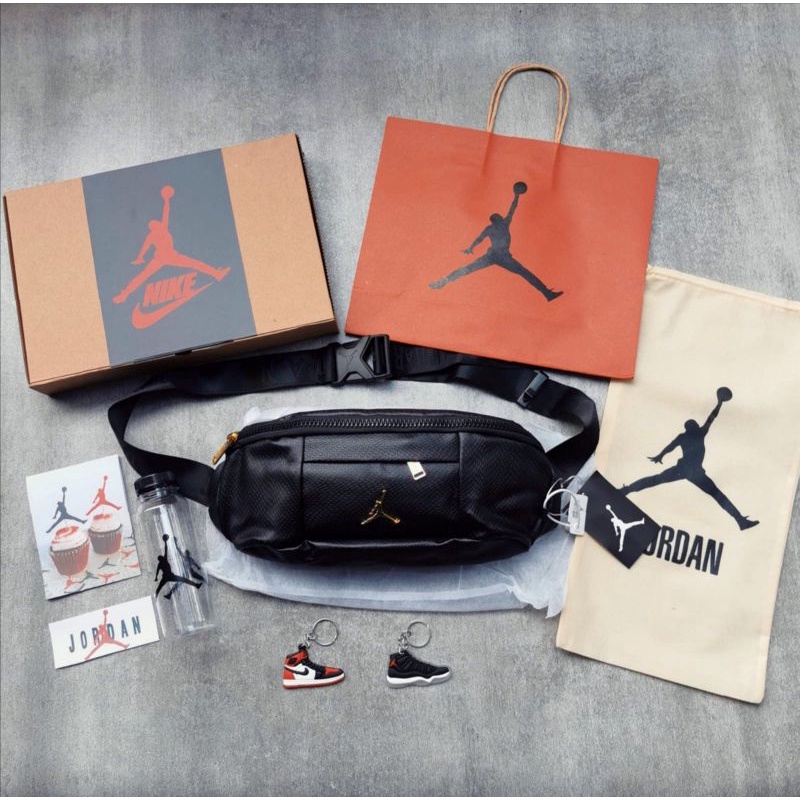 Waist Bag Pria Banyak Bonus Jordan Regal Leather Black Gold With Box &amp; Paperbag