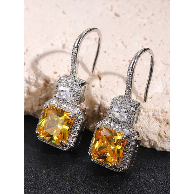 Anting Tusuk Gantung Wanita Hias Cubic Zirconia Warna Kuning Bling Untuk Pernikahan / Tunangan / Pesta