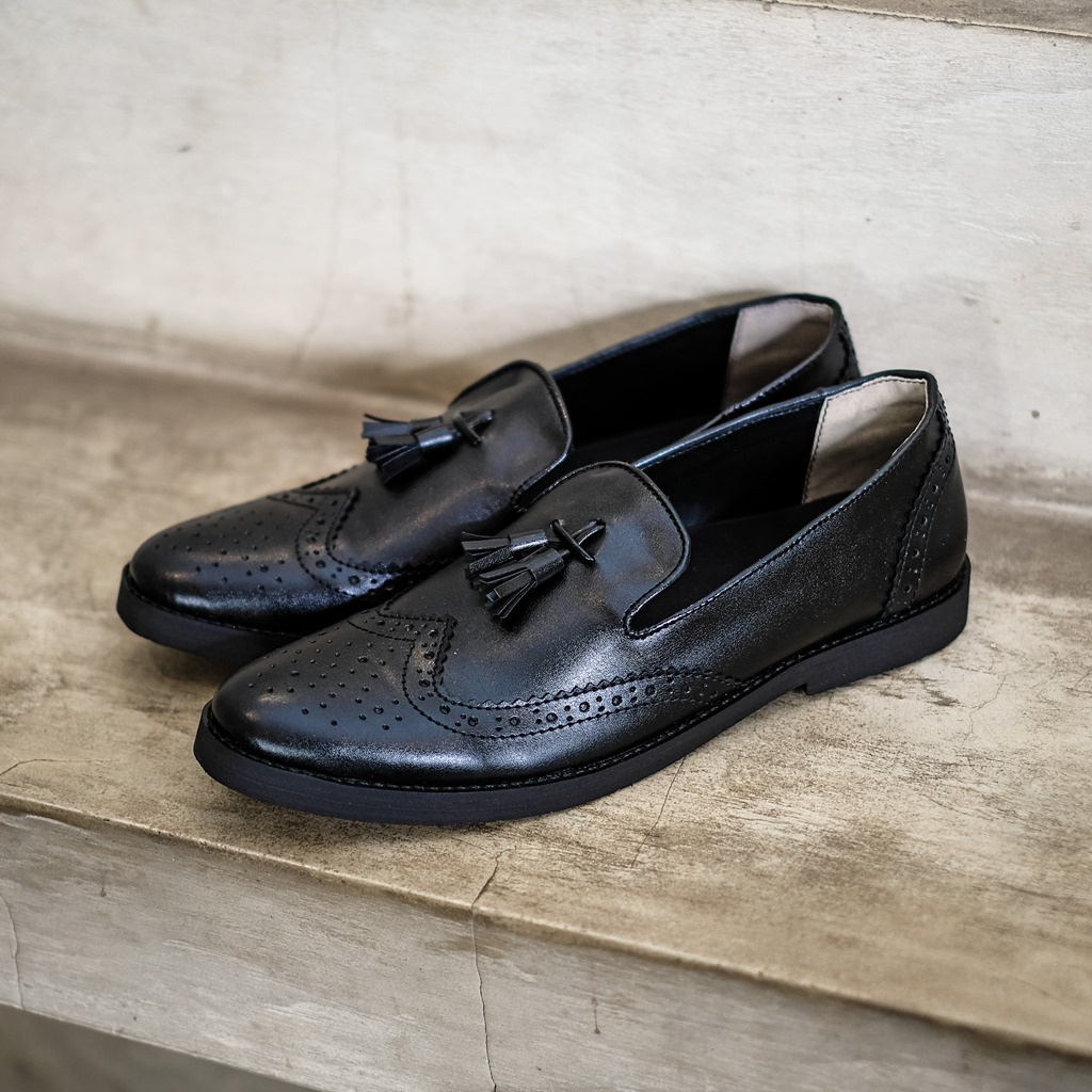 TOMIO DARKBROWN ORIGINAL x GIANT FLAMES Sepatu Loafers Coklat Pria Slip On Formal Casual Kerja Kantor Slop Resmi Kantoran Pesta Kondangan Selop Jalan Santai Hangout Kuliah Penny Loafer Semi Kulit Premium Big Size Jumbo Ukuran Besar 44 45 Keren Terbaru