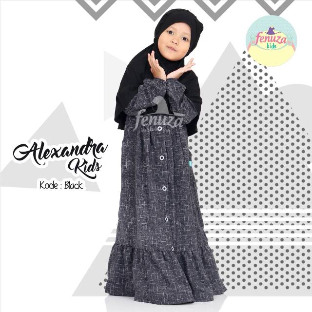 Gamis Anak Alexandra Kids by Fenuza Muslim Wear Warna Black Hitam Syari Cantik Adem Nyaman