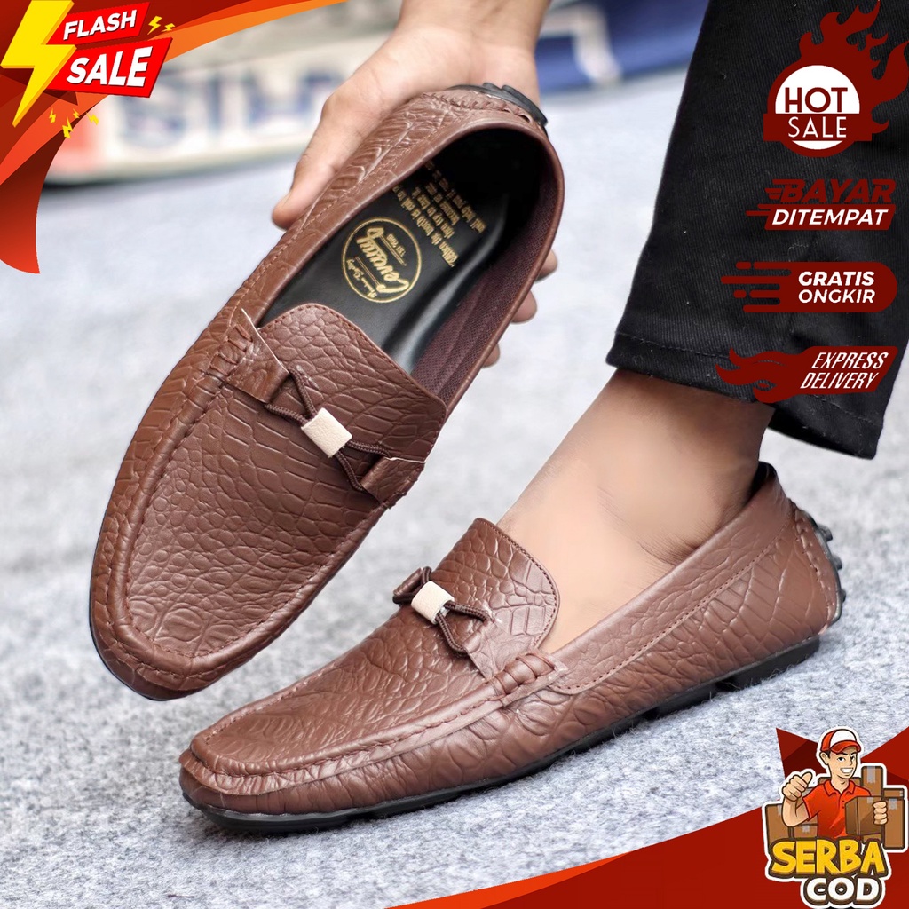 PRIS 015 - Sepatu Kerja Kulit Reptile Asli Pantofel Fantofel Formal Pria Loafer Adam Slop Hitam - Se