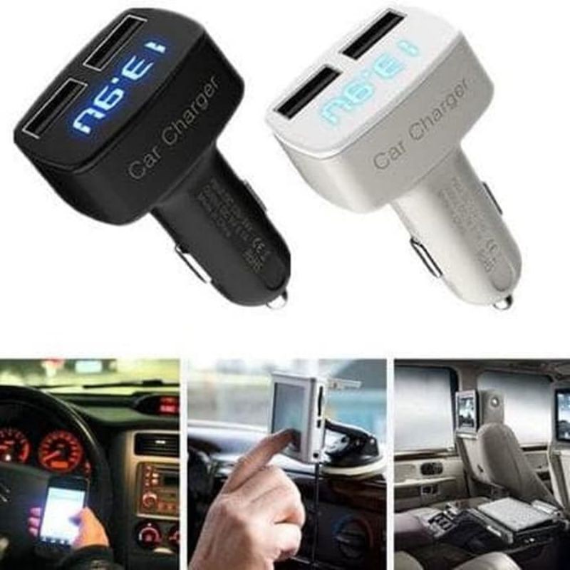 Charger Mobil Untuk Hp 2 Usb Port 3,1A 4In 1 Led Nyala Indikator Volt Ampere