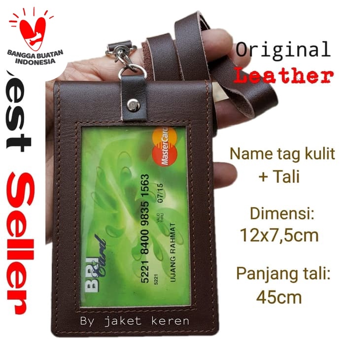 

READY Name tag kulit asli 2 muka nametag magnet id card holder koper + tali - Cokelat MURAH