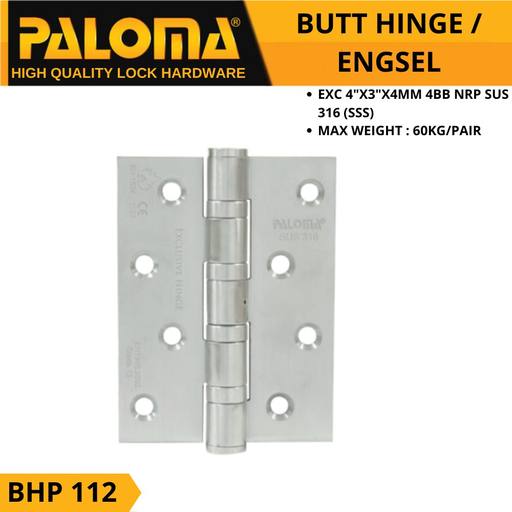 PALOMA BHP 112 BUTT HINGE ENGSEL PINTU EXC 4&quot;X3&quot;X4MM 4BB NRP (NEW)