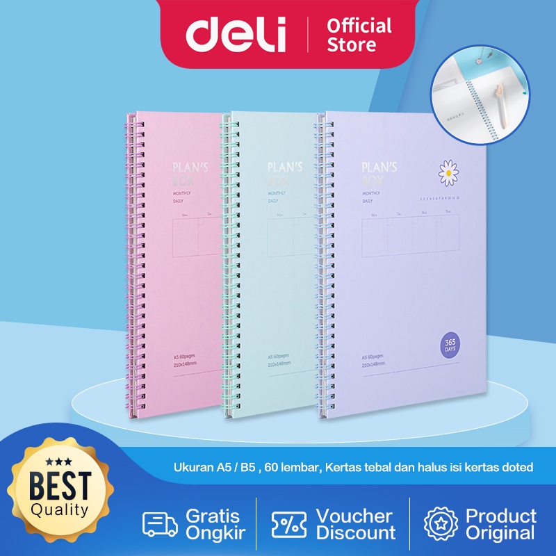 

READY Deli Spiral Buku Agenda / Planner Diary Book A5 60 lembar kertas 3 Warna, Tali Karet Pengait 24200 VI4567