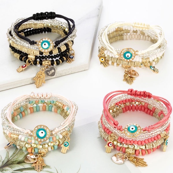 6pcs / Set Gelang Manik-Manik Akrilik Elastis Kombinasi Desain Hati Mata Iblis Biru Gaya Bohemian Untuk Wanita