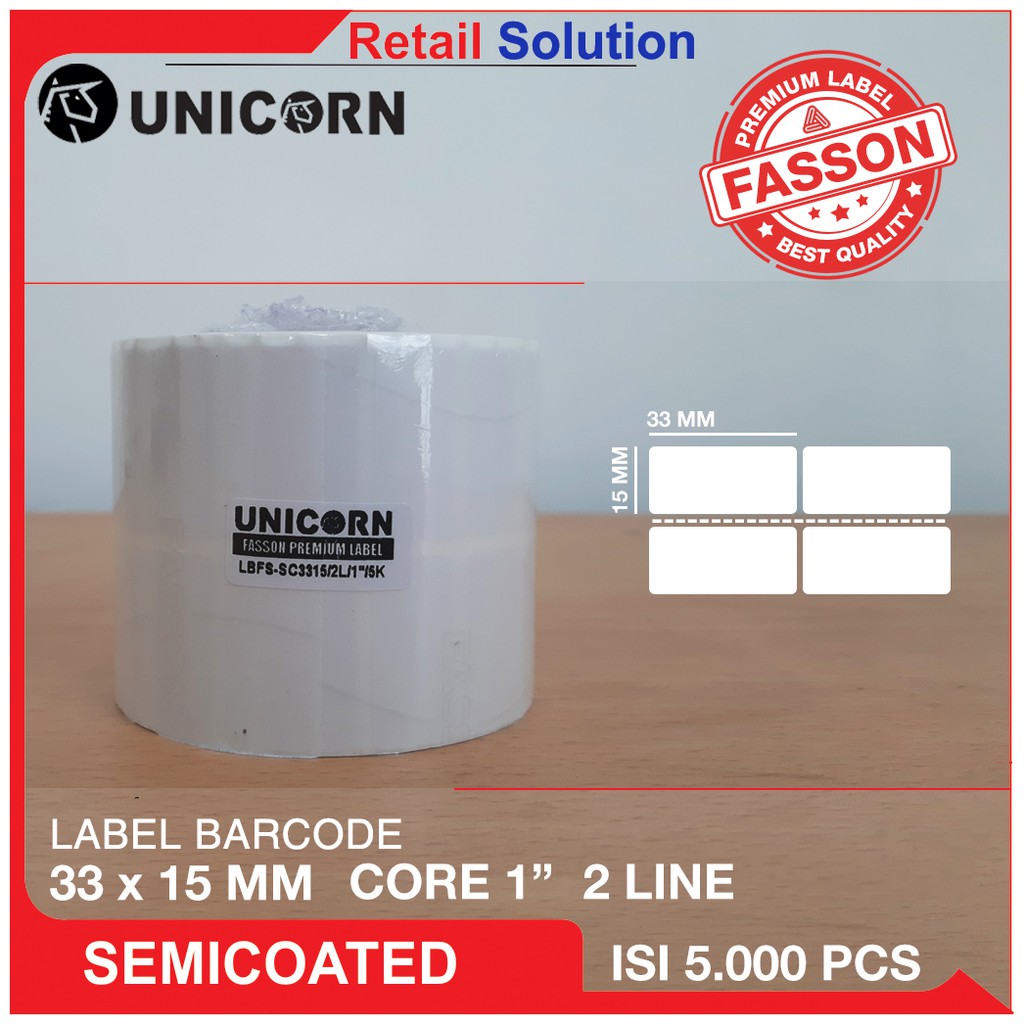 Unicorn Label Barcode Semicoat 33x15 mm / 33 x 15 mm / 33x15mm 2 LINE isi 5000 pcs Sticker