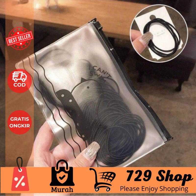 [isi 100] Karet Rambut &amp; Gelang Hitam Polos Korea Lingkaran Besar 4,5 cm dan Tebal Elastis bonus Tas