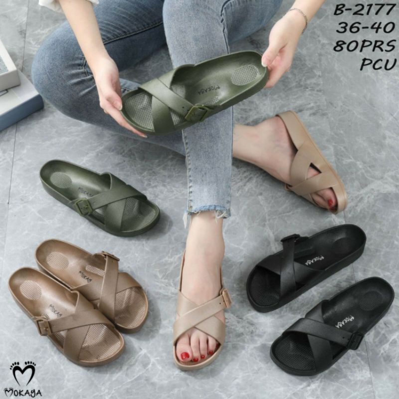 B-2177 Sandal Mokaya Wanita Slop Birken Gesper Karet Jelly 2177 Sendal Selop Slide Import Novaya Cewek Perempuan Impor Ban Dua Silang 2 Cantik GSPR2172 Murah 2172 Kekinian B-2172 Elastic Elastis Empuk Elegan Kekinian Viral