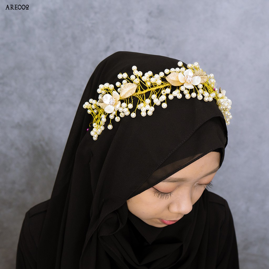 [STOK TERBATAS] SETELAN TIARA AKSESORIS PESTA BUNGA MUTIARA EMAS ARE002