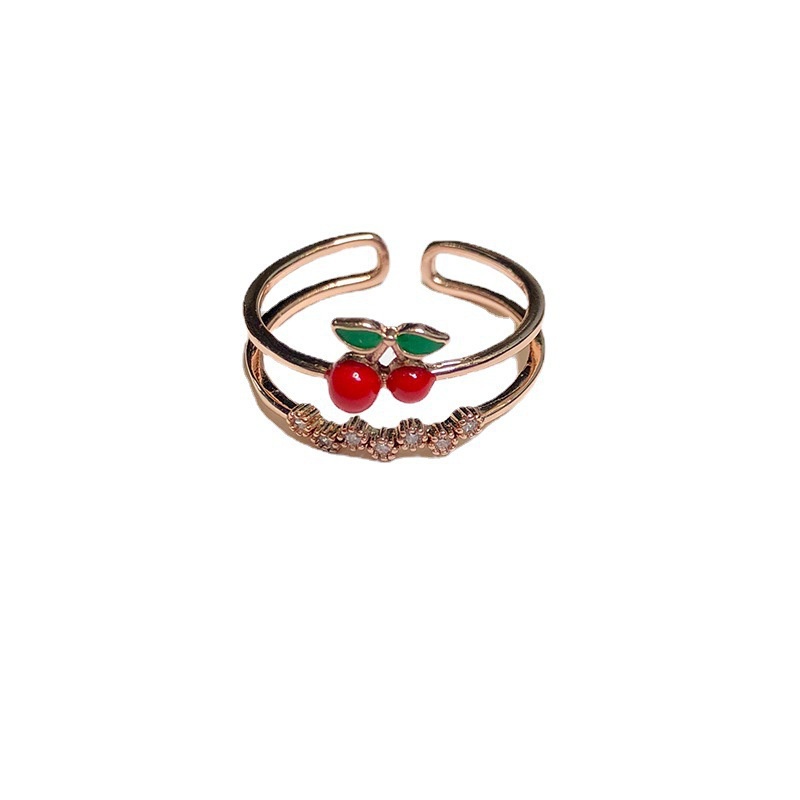 Cincin Model Terbuka Bahan Metal Desain Strawberry Cherry Hias Berlian Imitasi Gaya Jepangkorea Untuk Wanita