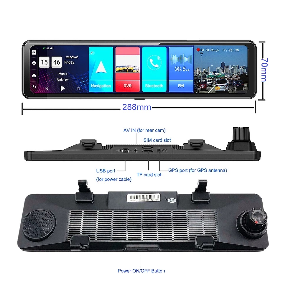 CAR DVR 12 inchi 4GB + 32GB. Wifi GPS BT Android System 8.1 LCD IPS 4G