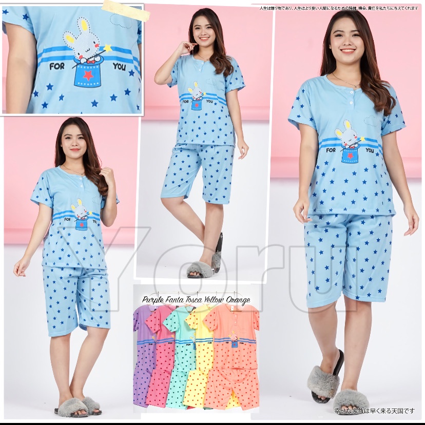 Pamelo.id Stelan C3/4 Baby Doll / Suplier Sleep Wear / Baju Tidur Wanita kaos Katun / Stelan Baju Tidur Murah Produk Terlaris Set HP-Rabbit star Biru