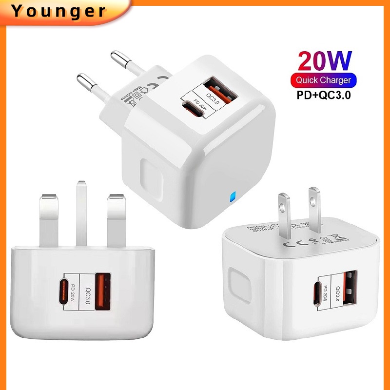 Adapter Power Charger Dinding 2 Port USB-C QC3.0 Tipe C 20W Fast Charging Untuk Iphone / Android