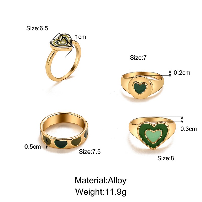 1 Set Cincin Desain Bordir Hati Warna Hijau Bahan Metal Untuk Wanita