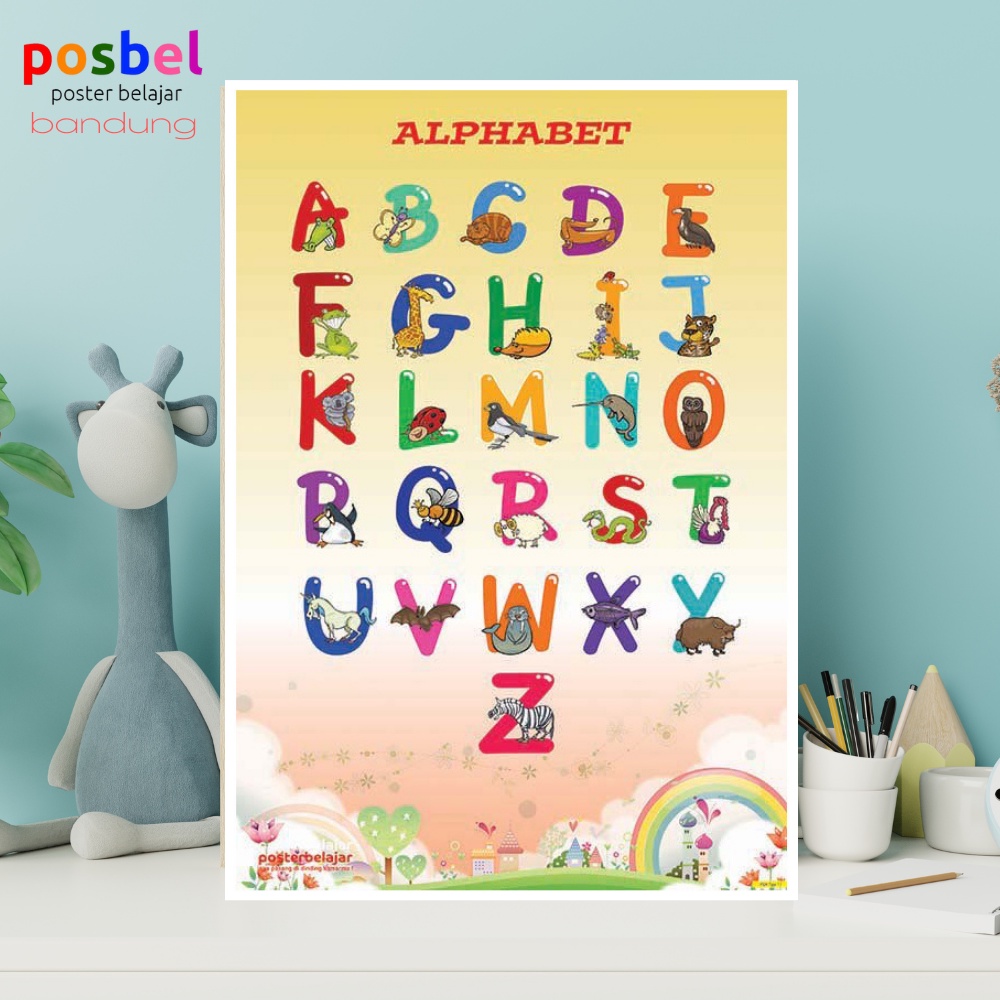 Poster Anak Edukasi Huruf Alfabet Warna-warni dan ilustrasi gambar binatang [Tipe 11]