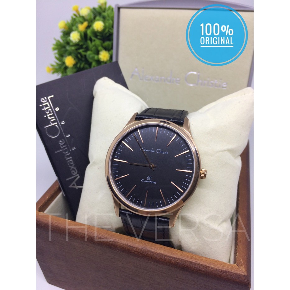 Alexandre Christie AC 8491 Jam Tangan Pria Rose Gold Kulit Hitam