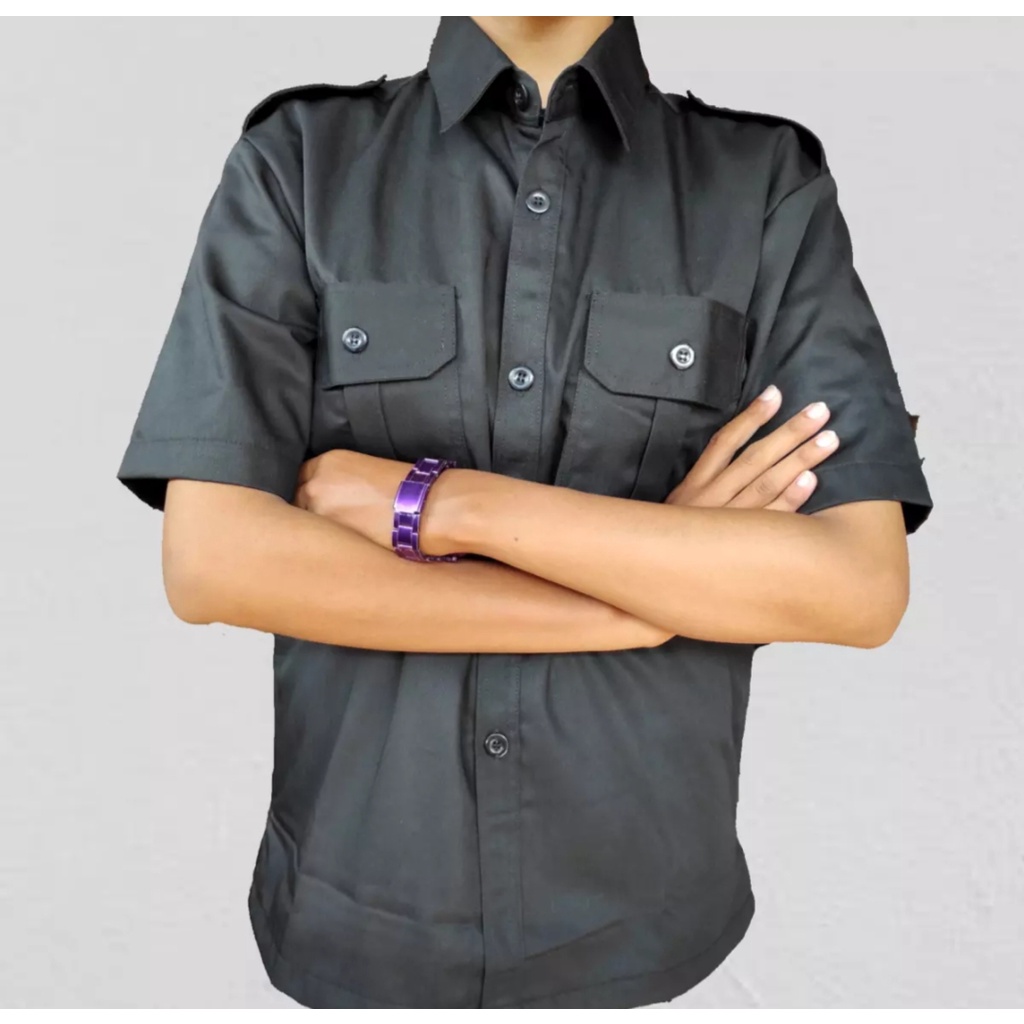 Baju PDH hitam Lengan Pendek JUMBO Kain JAPAN DRILL/KATUN