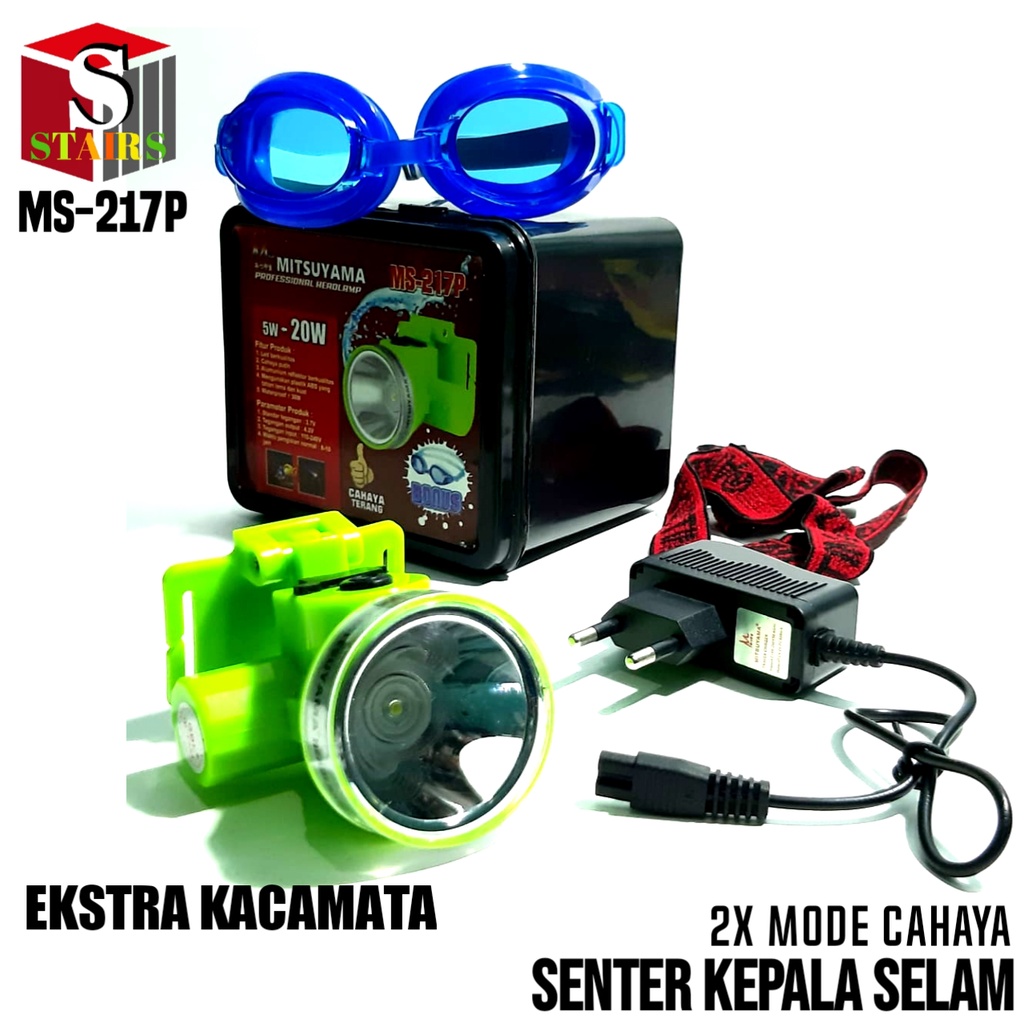 Terang Anti Air !!! Senter Kepala Selam LED Super Terang Cahaya Putih Bonus Kaca Mata Renang MS-217P