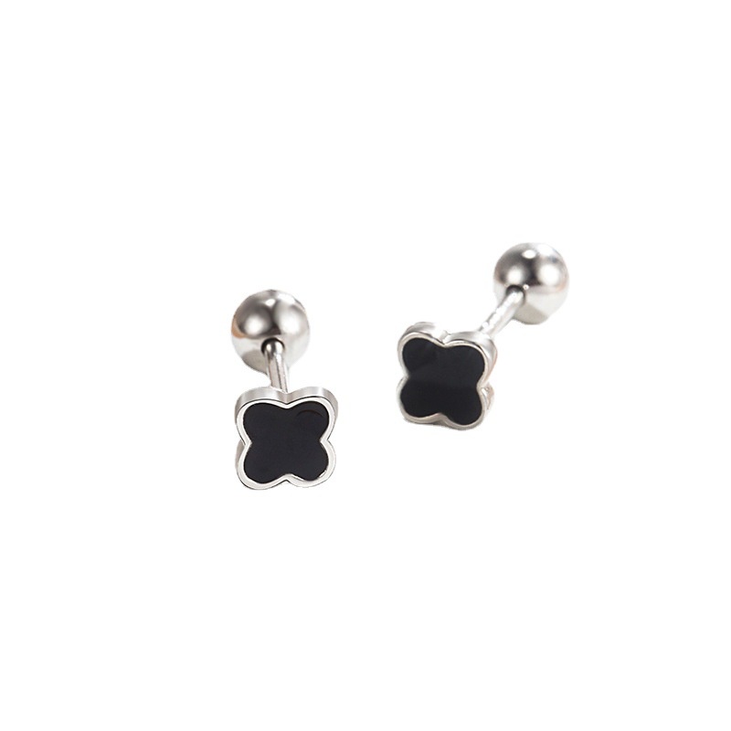 Anting S925 Silver Bentuk Daun Clover Warna Hitam Untuk Wanita