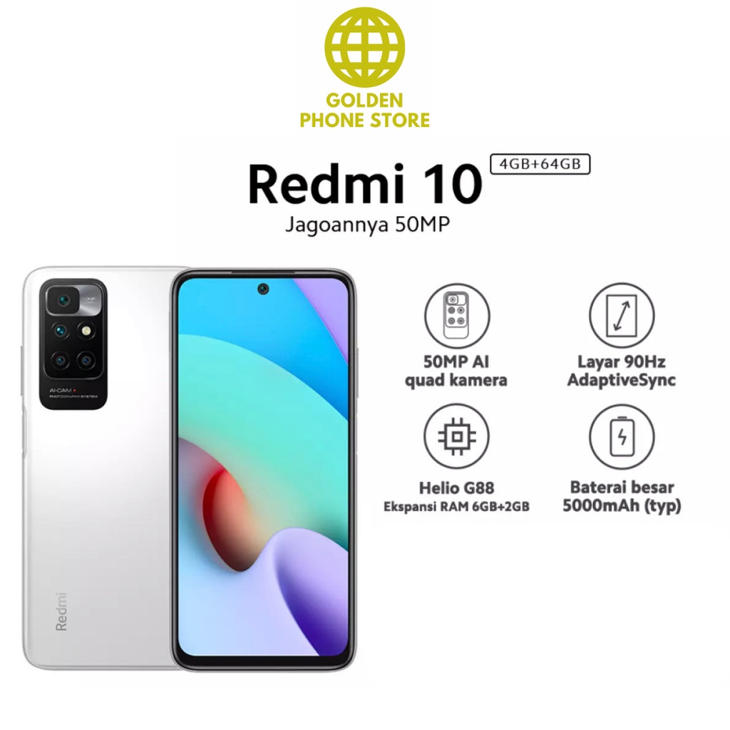 Xiaomi Redmi 10 2022 (4GB+64GB) Helio G88 50MP AI Quad Kamera Layar FHD+ 6,5