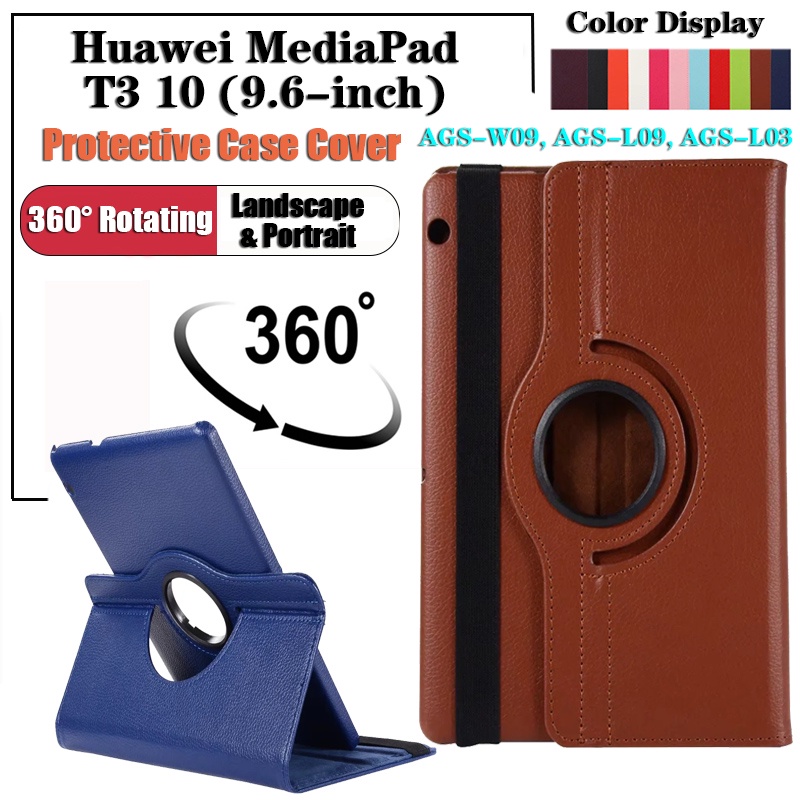 Untuk Huawei MediaPad T3 10 (2017) 9.6 inch AGS-W09 AGS-L09 AGS-L03 Fashion360° Rotating Casing Tablet Stand Flip Leather Case Cover Pelindung