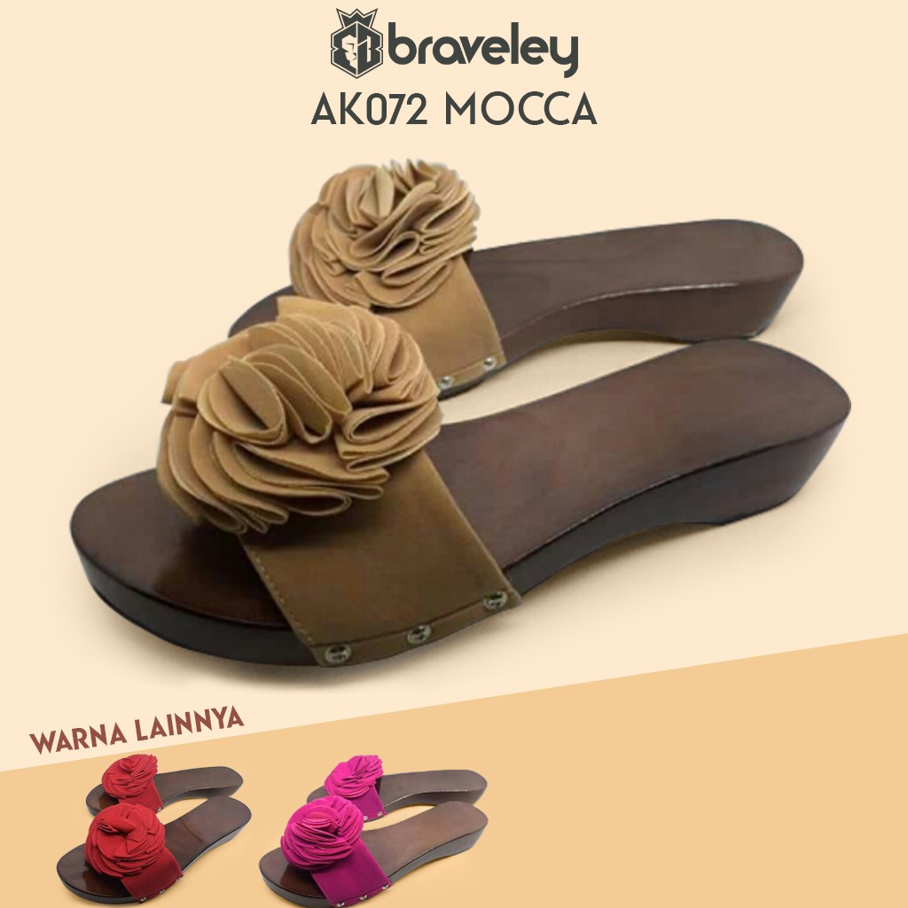 SANDAL KAYU FLAT KELOM GEULIS BUNGA CANTIK SENDAL WANITA UNIK BRAVELEY AK072