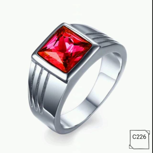 Cincin Pria Titanium Lapis Emas Putih 18K Batu Cubic Zirconia AAA Ruby Red C226