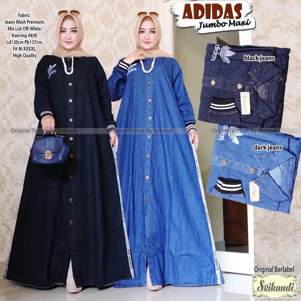 realpict adi das jumbo maxi long dress muslim wanita denim mayung berkerah casual bordir srikandi