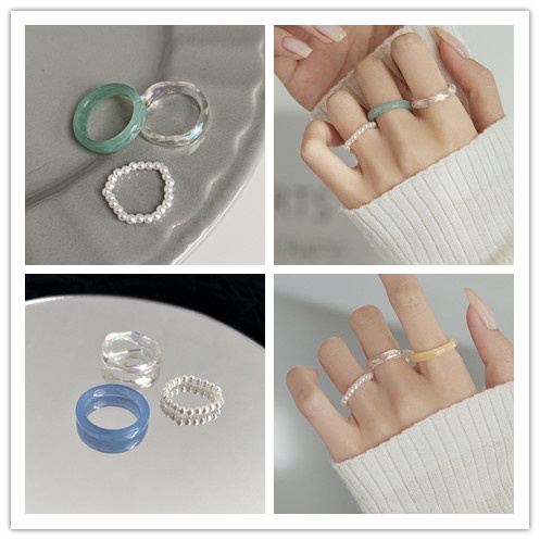 3pcs / set Cincin Jari Telunjuk Bahan Akrilik Hias Mutiara diameter 17mm Untuk Wanita