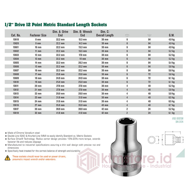 SATA TOOLS Socket Satuan 1/2 Inch 9 mm 12 point 13620