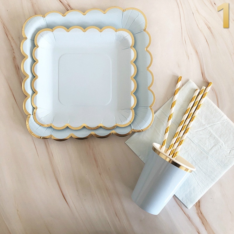 40Pcs/set Disposable Light Blue Bronzing Tableware Paper Dessert Dinner Plate for Festival Party Supplies