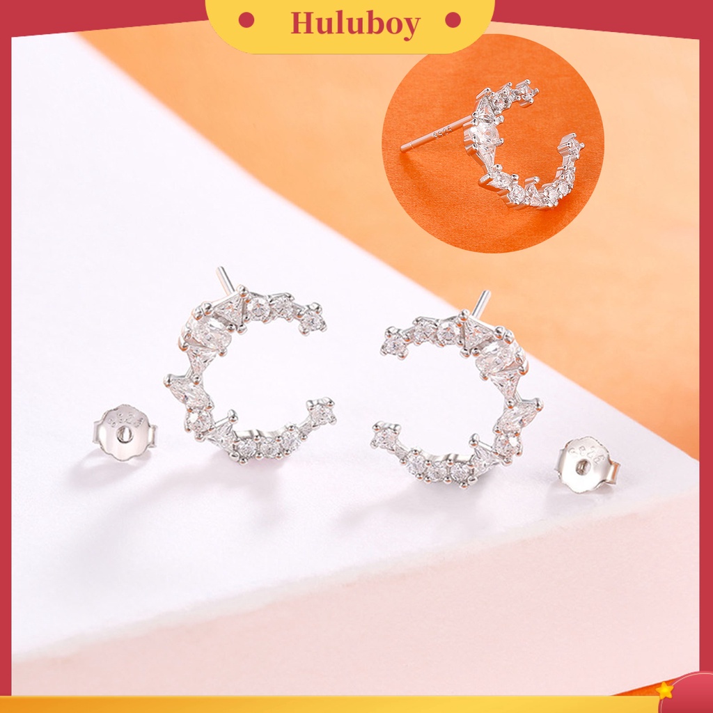 Hu Hu Hu Hu Hu Alat Bantu Pasang Kacamata♡ 1 Pasang Anting Tusuk Sterling Silver 925 Bentuk Bulan Sabit Hias Cubic Zirconia Untuk Wanita