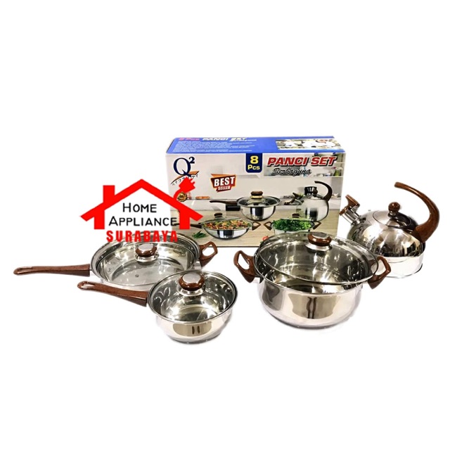 Panci Wajan Goreng Penggorengan Teko Siul Set Stainless Steel Serbaguna 8 PCS Q2 7208 / Q2-7208