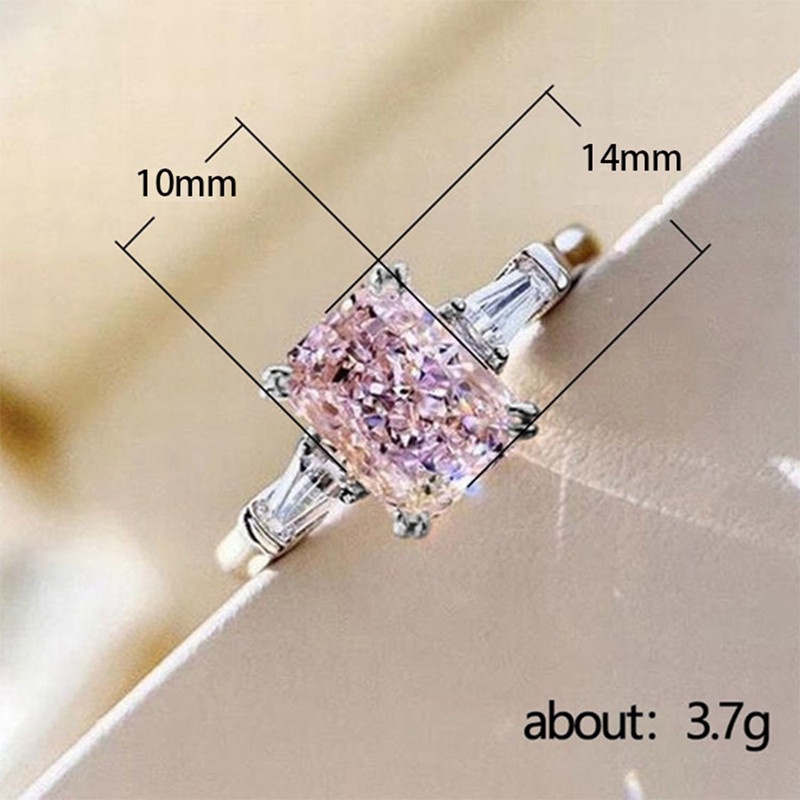 Cincin Silver Hias Berlian Zirkon Bentuk Kotak Warna Pink Untuk Wanita