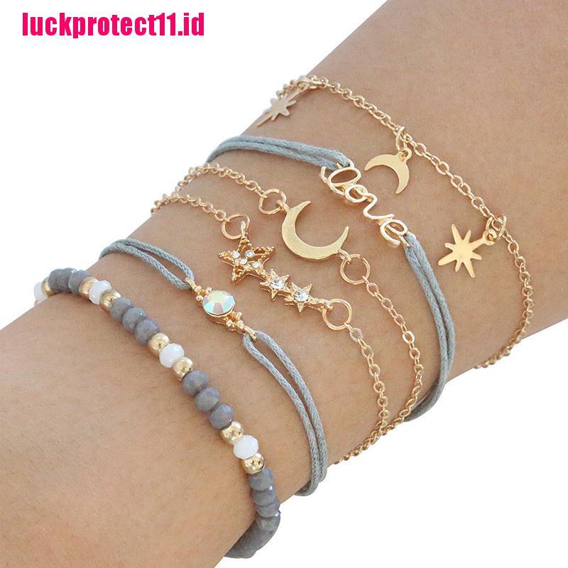 (LUCK) 6pcs / set Gelang Tangan Rantai Aksen Rumbai + Daun Gaya Bohemian Untuk Wanita