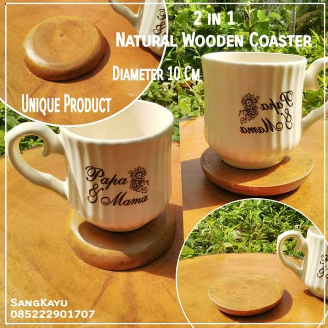 Tatakan gelas cangkir kayu unik 2 in 1, Coffee tea Wooden Coaster