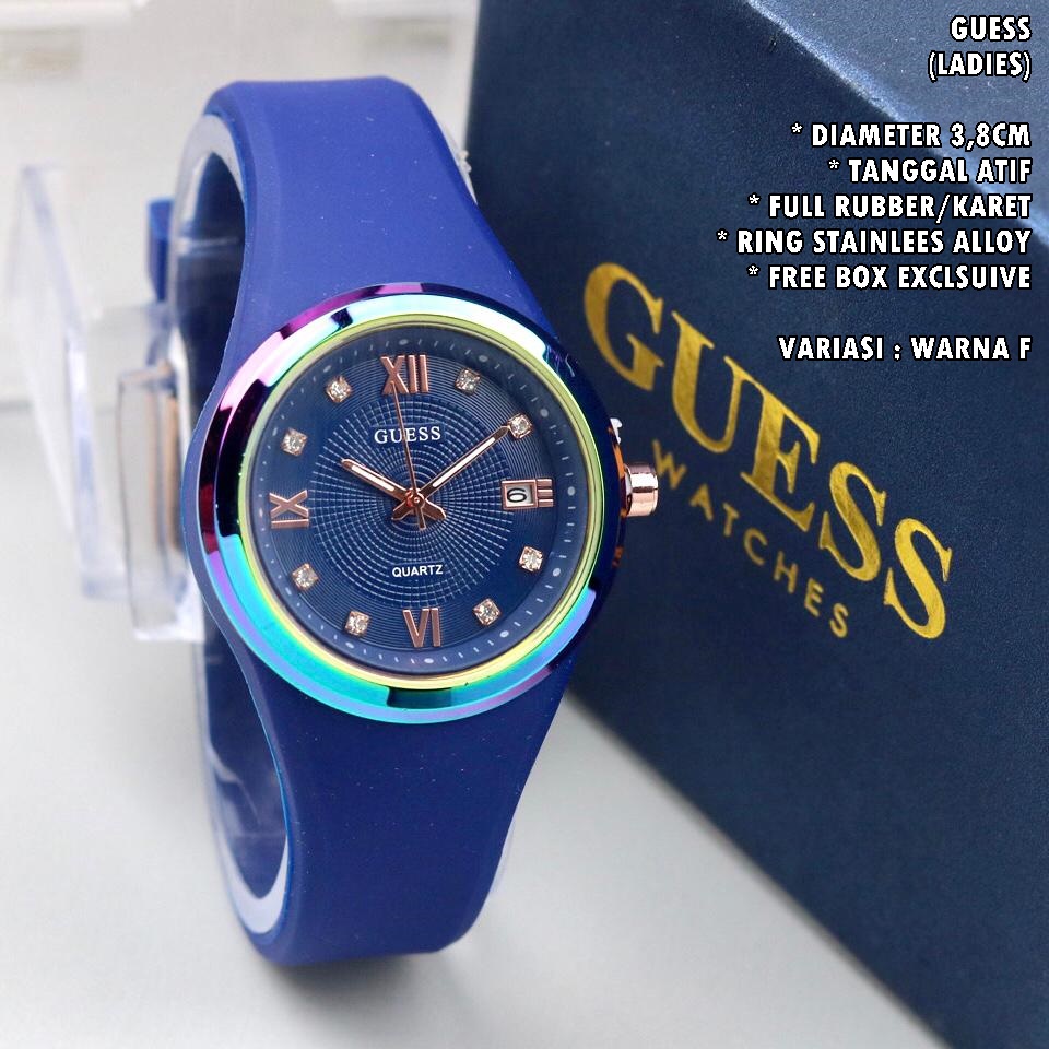 JAM TANGAN WANITA GUESS TALI RUBBER BODY BULAT TANGGAL AKTIF