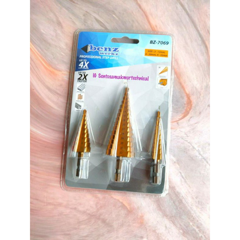 BENZ 3 PCS SET Mata Bor Besi HSS Pagoda Titanium Kerucut Step Drill