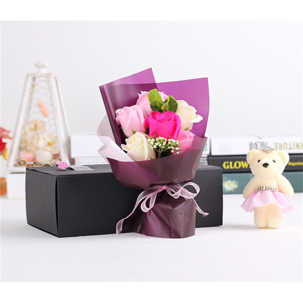 6Pcs Sabun Bentuk Bunga Mawar Romantis Dengan Boneka Beruang Kecil