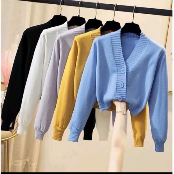Cardigan V-Neck Long Sleeve Three Button Crop Top Rajut Wanita Korea Style