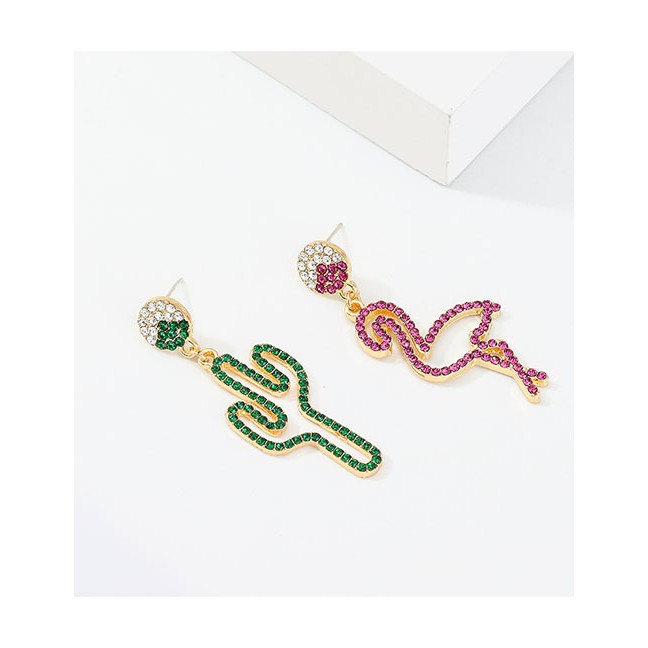 LRC Anting Tusuk Fashion Red + Green Asymmetric Colored Diamond Cactus Flamingo S925 Silver Needle