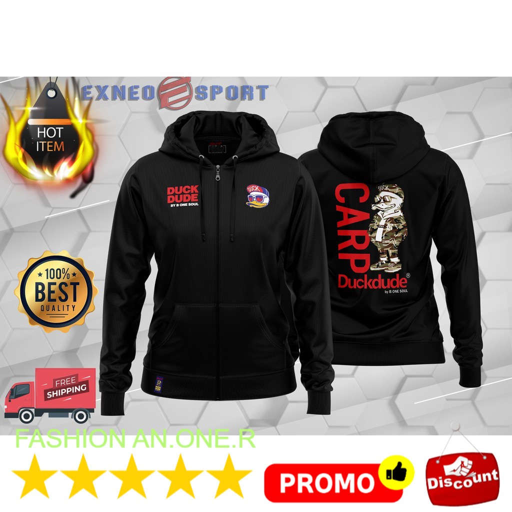 ⭐️⭐️⭐️⭐️⭐️ HOODIE LOGO SABLON Premium HoodiesDuck Dude Carp Sweatshirt Full Zipper Black / LOGO PRIN