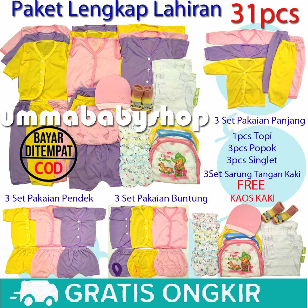 	 31 pcs Paket Lahiran Bayi Perempuan Perlengkapan Cewek Setelan Baju Celana Popok Singlet Sarung Kado	