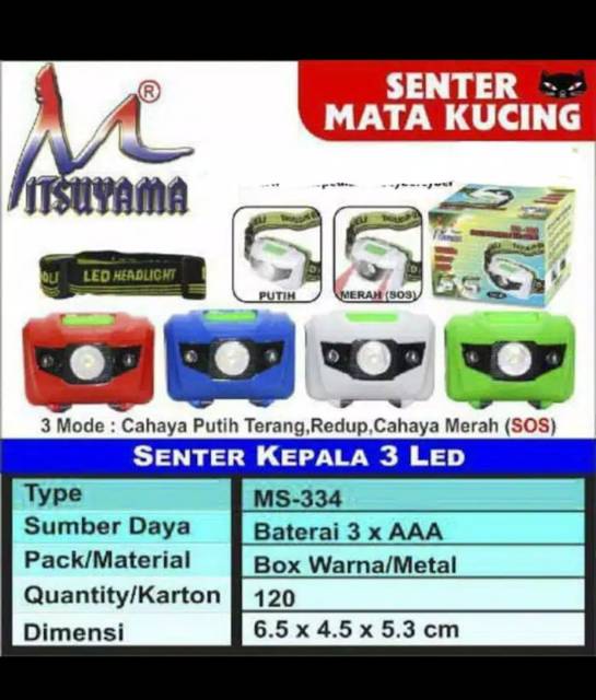 Senter kepala / Headlamp LED Mitsuyama MS-334 Camping / Outdoor