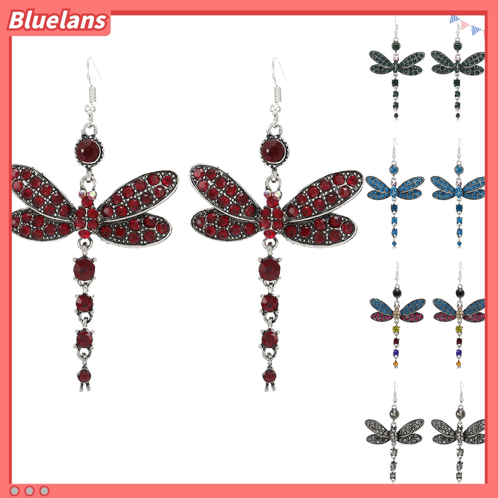 Bluelans Women Dragonfly Shape Dangle Rhinestone Hook Statement Earrings Jewelry Gift