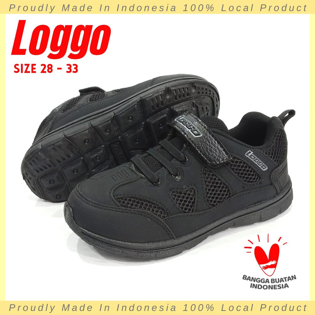 sepatu sekolah anak LOGGO size 28-33 hitam sole anti slip model perekat tempel velcro cewek cowok ok